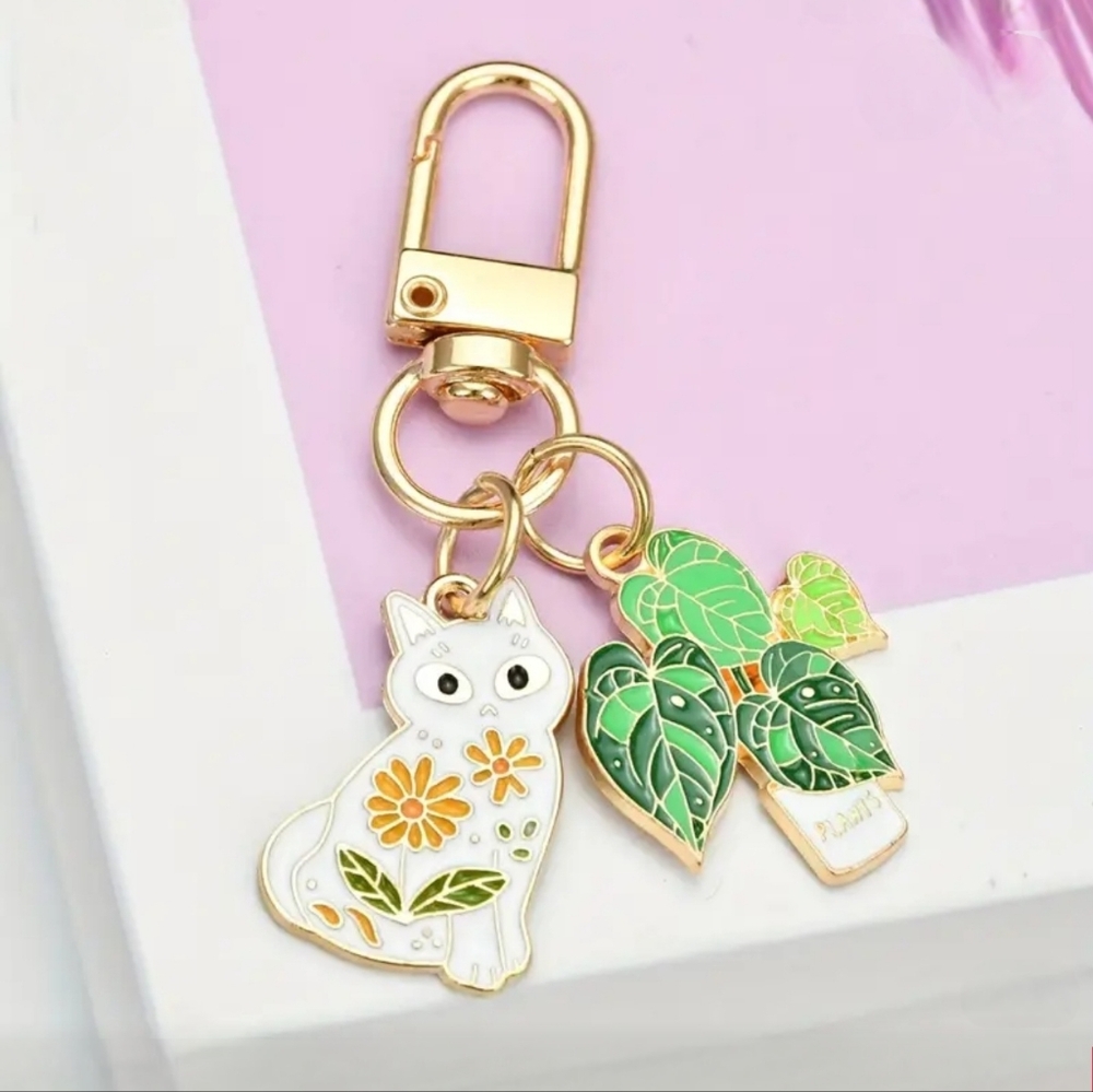 Kitty Cat & Plant Bag Charm Keychain